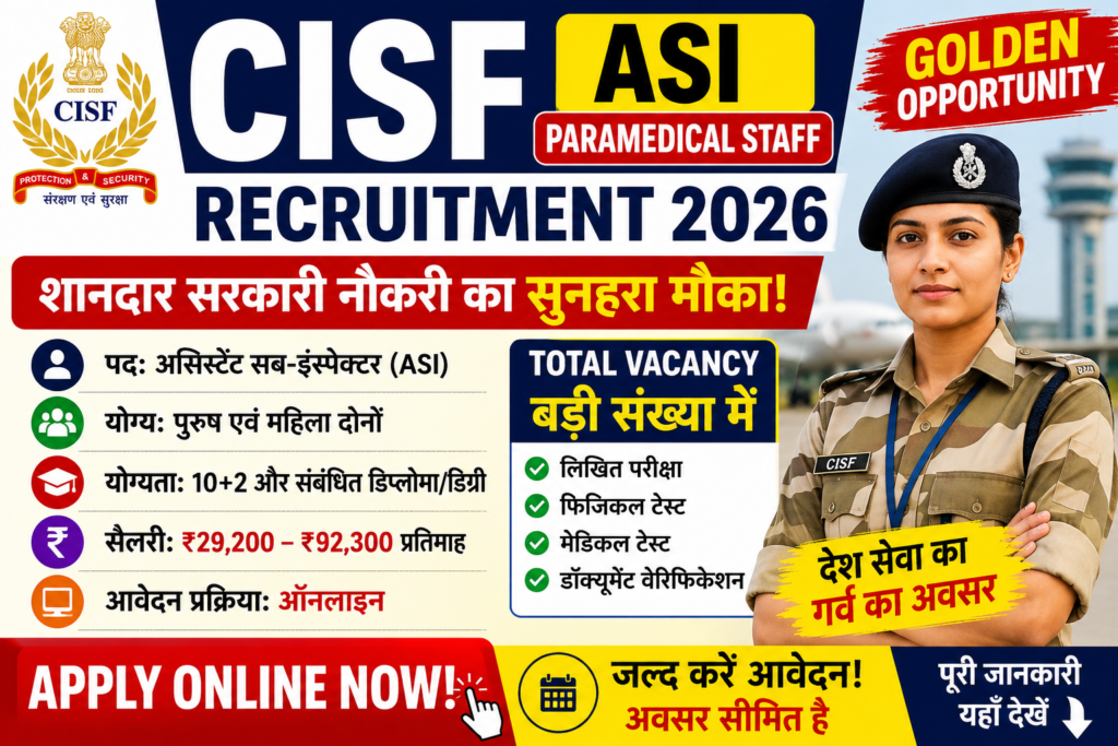 CISF Paramedical Staff Recruitment 2026 : Big Vacancy Released, Check Eligibility & Apply