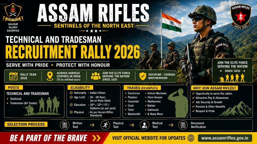 Assam Rifles Recruitment 2026 : 354 पदों पर भर्ती, योग्यता, फिजिकल टेस्ट और आवेदन प्रक्रिया