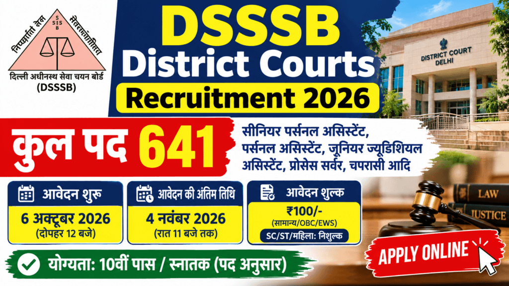 DSSSB District Courts Recruitment 2026: दिल्ली जिला न्यायालयों में 641 पदों पर भर्ती, आवेदन शुरू